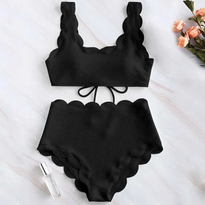 Simple Solid High Waist Bikini Women Swimsuit Fashion Floral Edge Split Bathing Suit 2025 New Casual Lady Two Pieces Beachwear XJ250704-image-1065082085