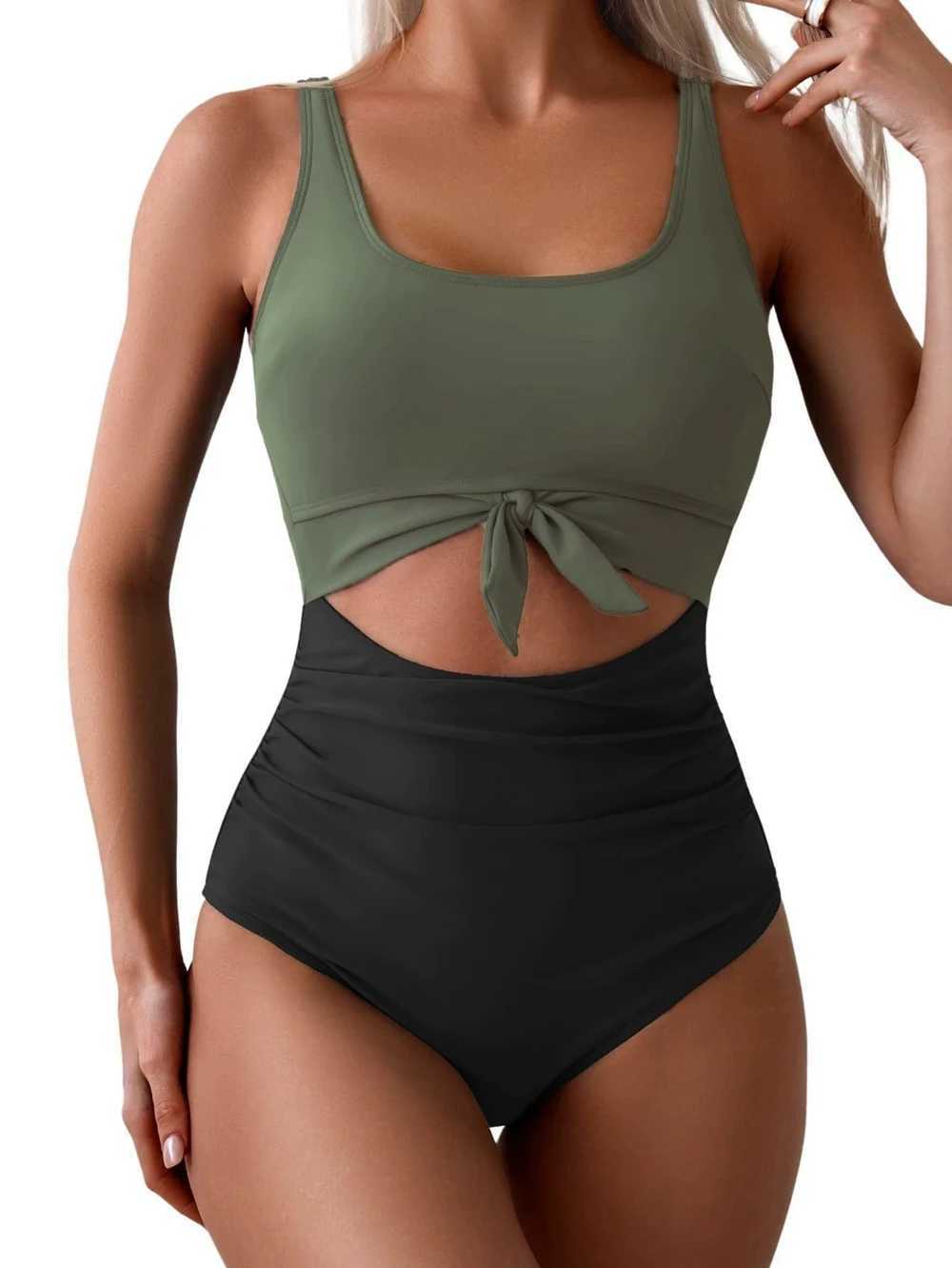 Patchwork One Piece Bikini Swimsuit Sexy Hollow Knot Design 5 Colors One-Piece Backless Swimwear Light Luxury Beachwear 2025 NewXJ250704-image-1065084626
