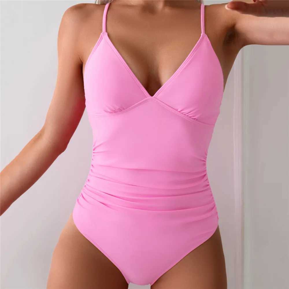 Pink Slim Solid Swimwears V Neck Sexy Swimsuit Women 2025 One Piece Side Waist Ruched Bathing Suit Swimming Wear Monokini Bikini XJ250704-image-1065082435