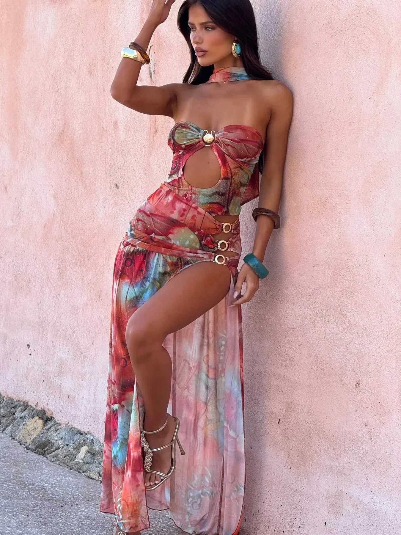 2025 New Retro Prints High Quality Bikini One Piece Swimsuit Skirt Print Hollow Lace-up Women Bikini Set Swimwear Bathing Suit XJ250704-image-1065084449