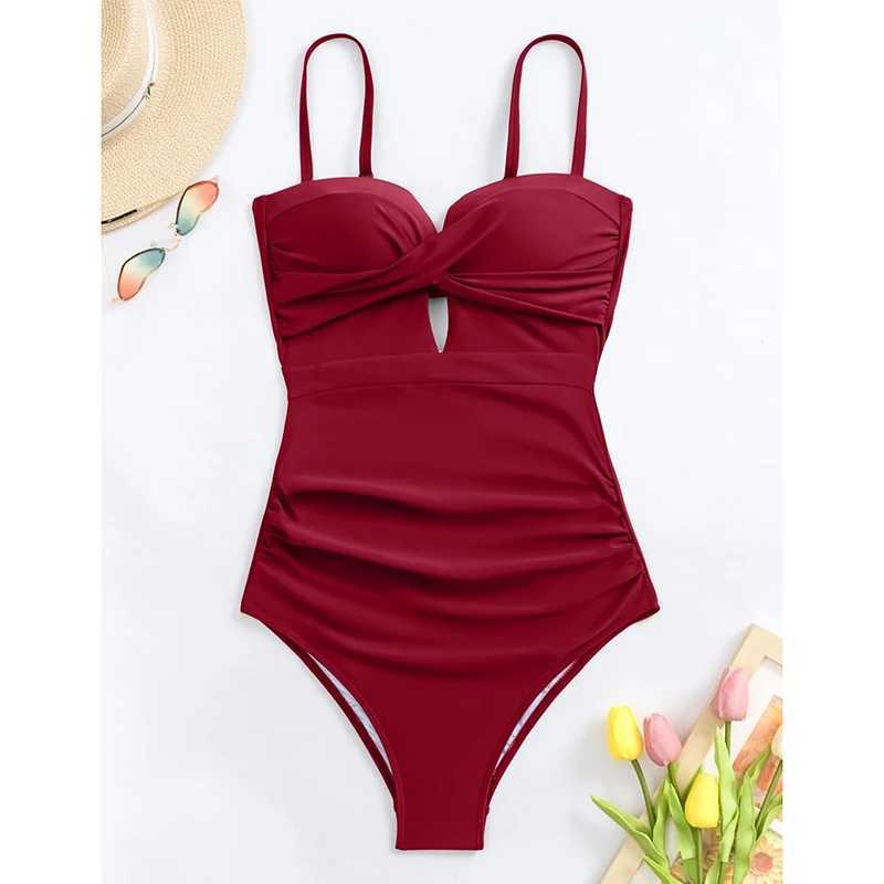 Solid One Piece Swimsuit Women Sexy V Neck Hollow Out Pleated Suspender Bodysuits Bikini Summer 2025 New Swimming Bathing Suit XJ250704-image-1065083103