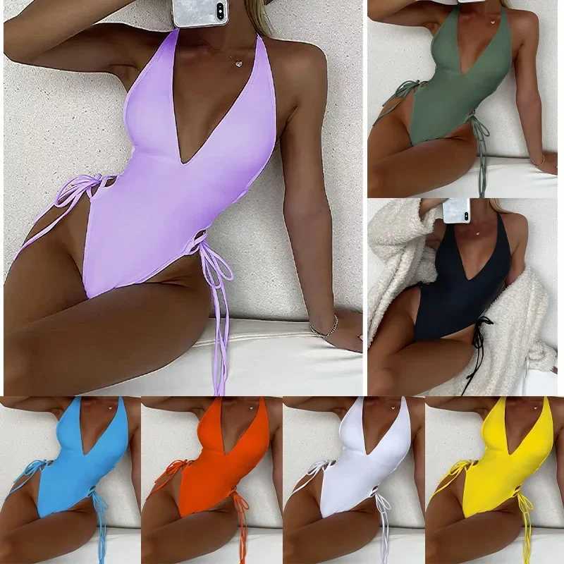 Sexy Plunging One Piece Swimsuit Lace Up Womens Swimwear 2024 Solid Swimming Suit For Women High Cut Monokini Beachwear XJ250704-image-1065082937