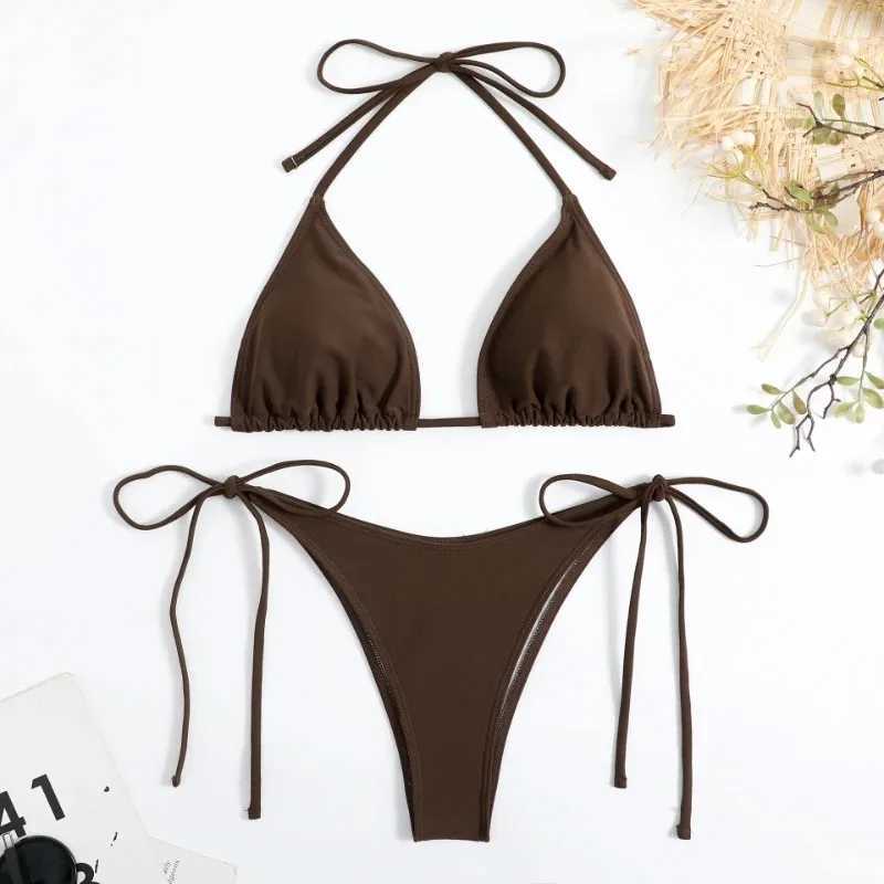Sexy Women Thong Solid Color Bikini Set Side Halter Tie Swimsuit Ladies Split Strap Adjustable Brazilian Swimwear BeachwearXJ250704-image-1065082202
