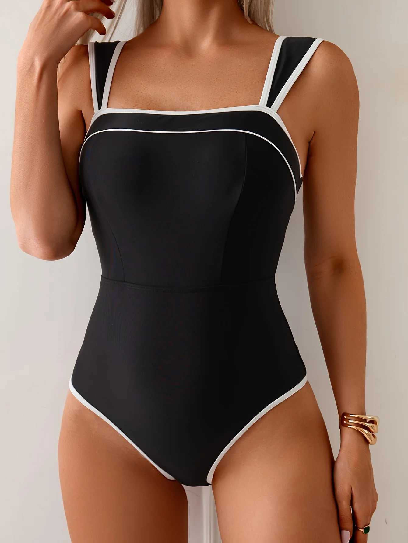 Vintage Black White Contrast Swimwear Women Sexy Push Up Slim Tummy Control One Piece Swimsuit Beach Bathing Suit Pool Monokini XJ250704-image-1065082556