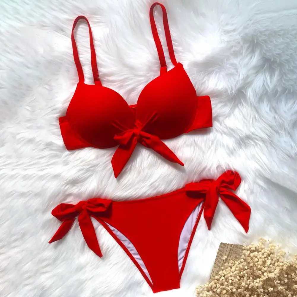 Sexy Front Bow Knot Push Up Bikinis Two Pieces Solid Swimsuit Tie Bikini Swimsuit Swimwear Biquini Bikini Set Tankini XJ250704-image-1065082079