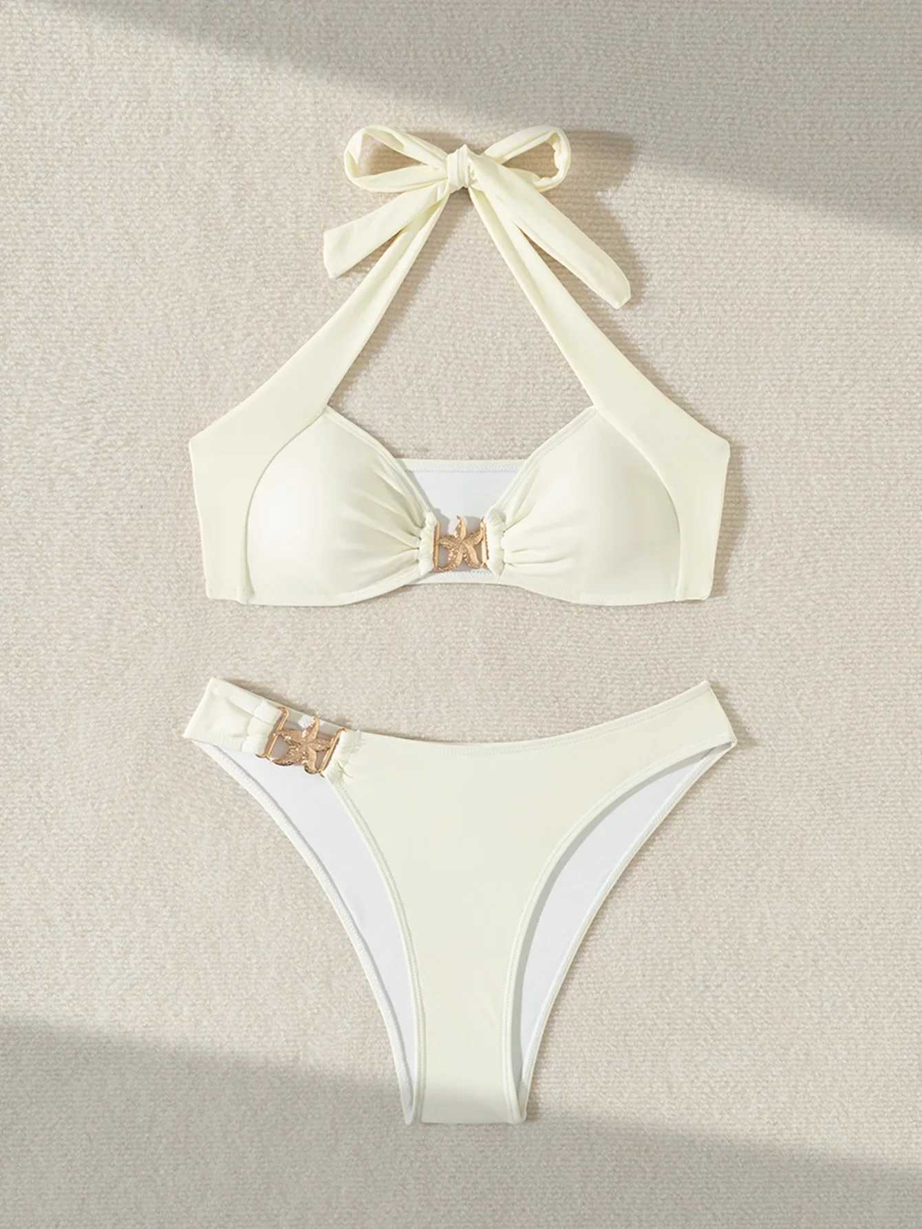 2025 New Solid Color White 2-Piece Swimsuit for Women Starfish Sexy High Waist V-neck Suspender Halter Backless Bathing SuitXJ250704-image-1065082267