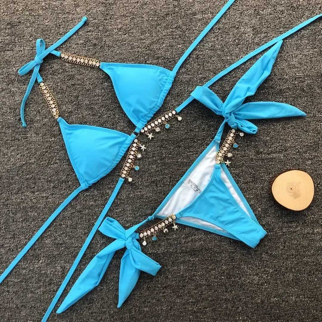 2022 Women Solid Black Crystal Diamond Swimsuit with Rhinestones Luxury Metal Chain Bandage Bathing Suit Thong Swimwear XJ250704-image-1065082003