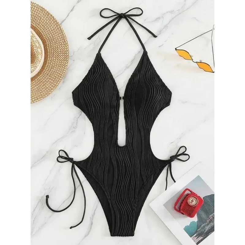 Sexy Halter V Neck Ruched Swimwear Women Hollow Out Bandage Backless One Piece Swimsuit 2025 New Solid High Leg Cut Bathing SuitXJ250704-image-1065081859