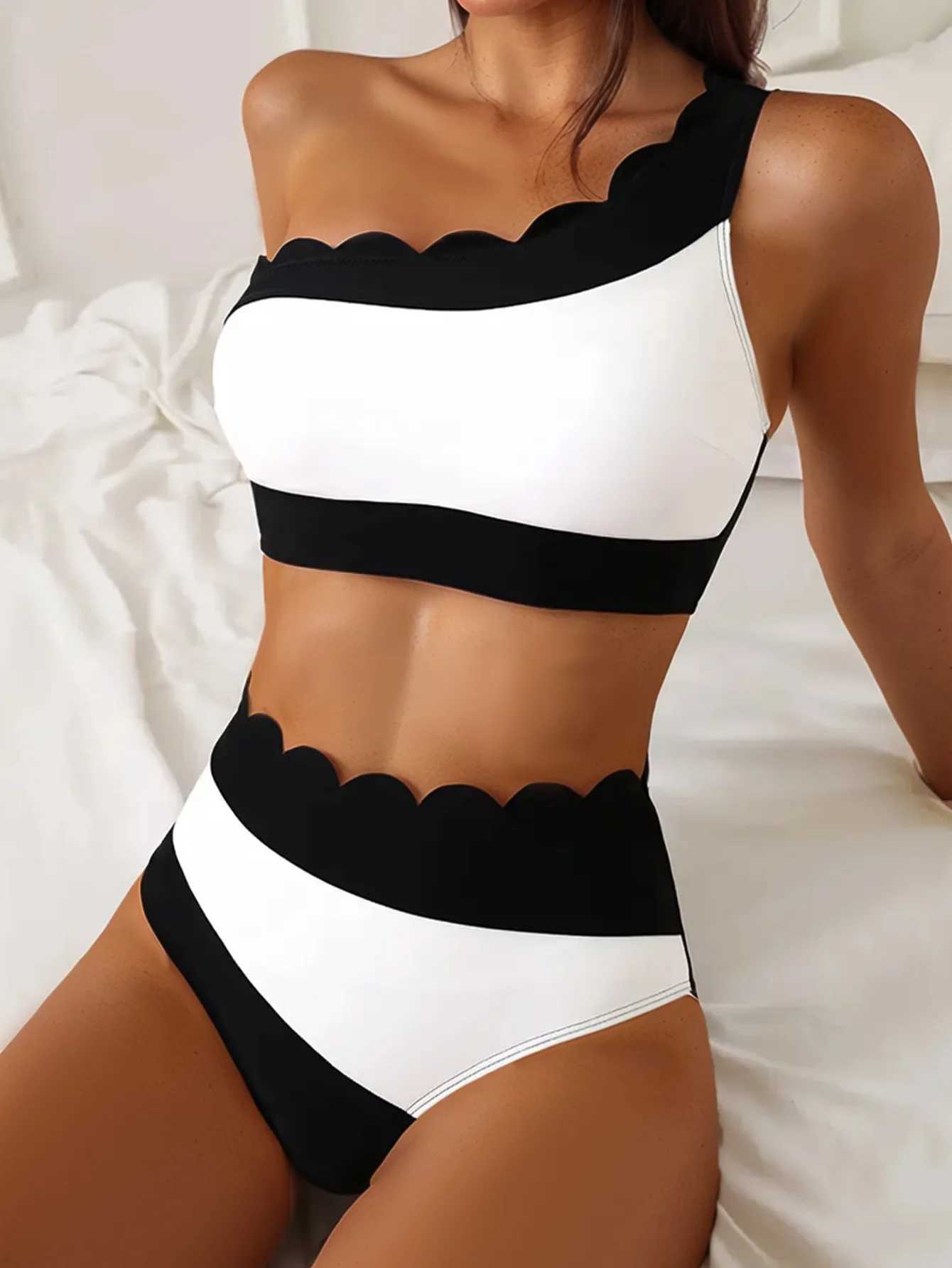 Sexy Black White Patchwork Bikini Women Ruffles One Shoulder Push Up High Waist Swimsuit Summer Bathing Suit Vacation SwimwearXJ250704-image-1065082192