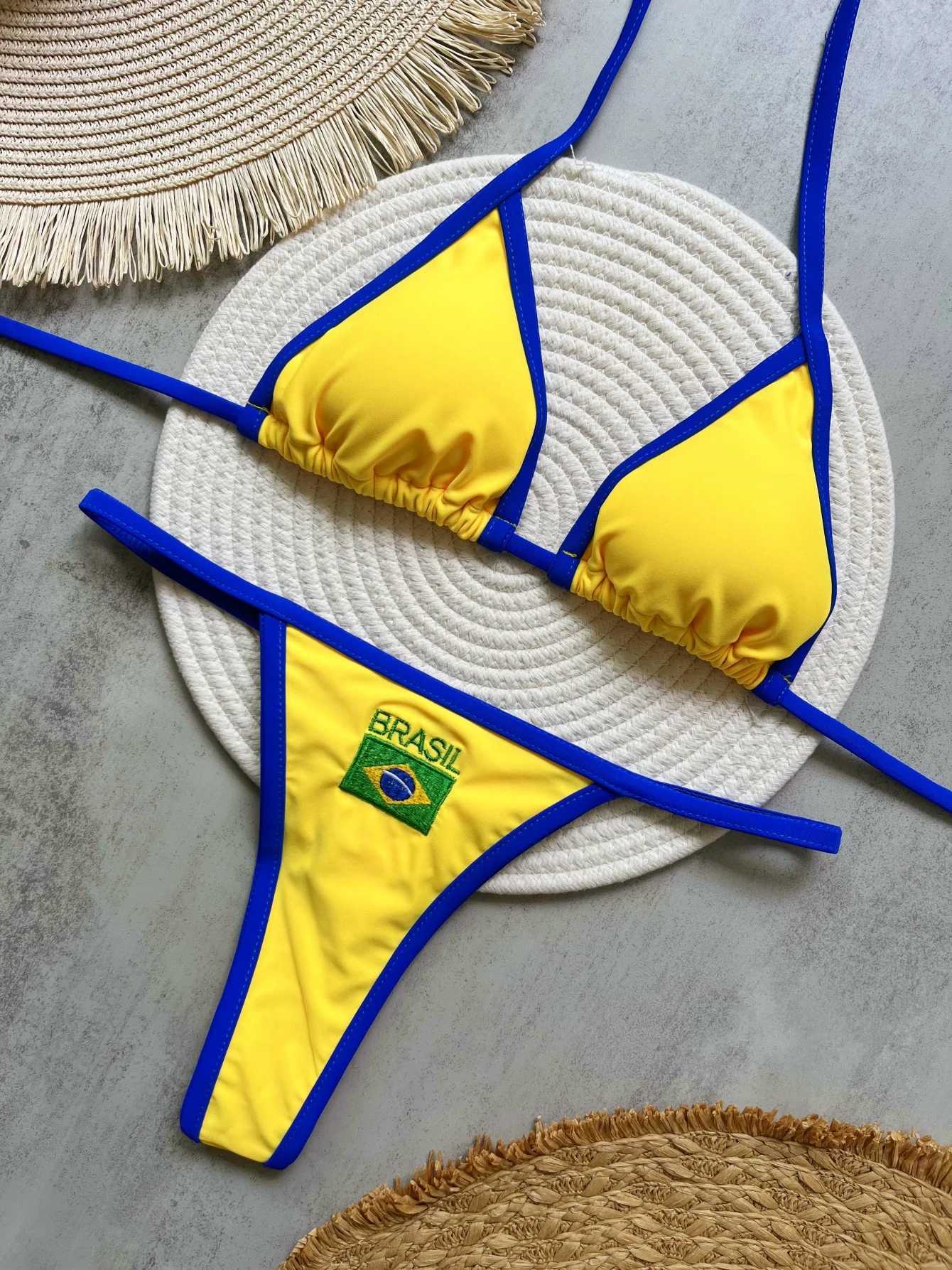 Sexy Embroidery Brazilian Flag Contrast Split Bikini Set Women Swimwear Patchwork Swimsuit Hottie Outfit Summer Beachwear XJ250704-image-1065083629