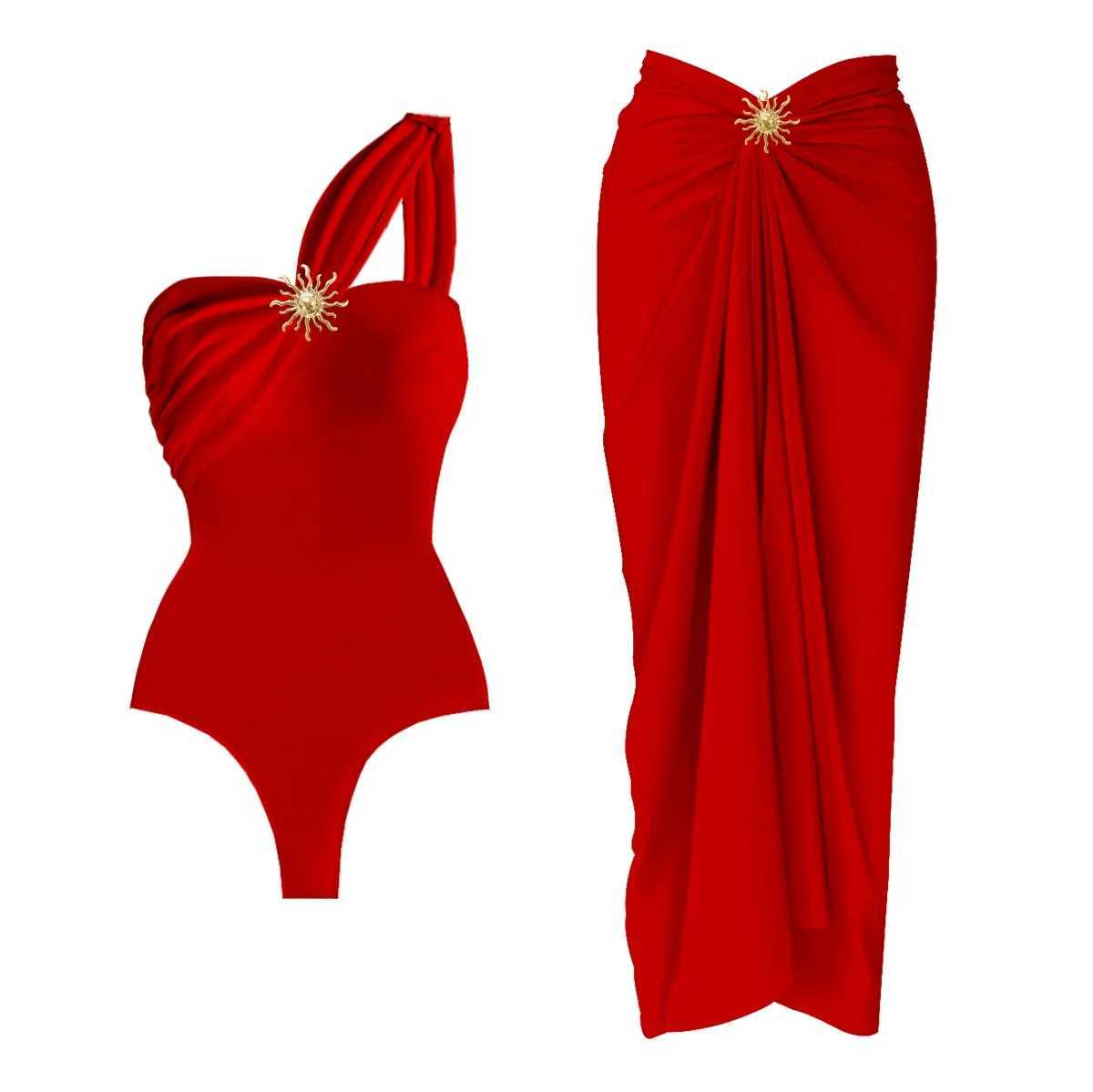2Pcs One Shoulder Swimsuit Sexy Women Bikini 2025 Cut Out Swimwear Solid Red Swimming Suit Female Bikini Bodysuit Beach Outfits XJ250704-image-1065081752