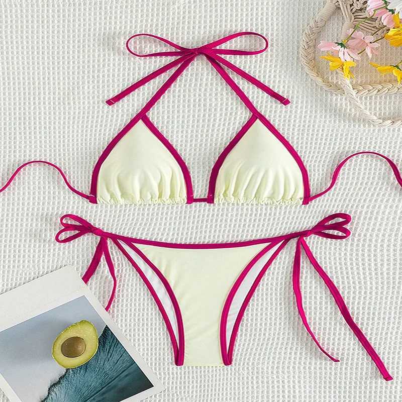 Yiiciovy Sexy Halter Bikini Set Womens 2 Piece Swimsuits Summer Contrast Line Triangle Thong Swimwear Brazilian Bathing Suits XJ250704-image-1065082159