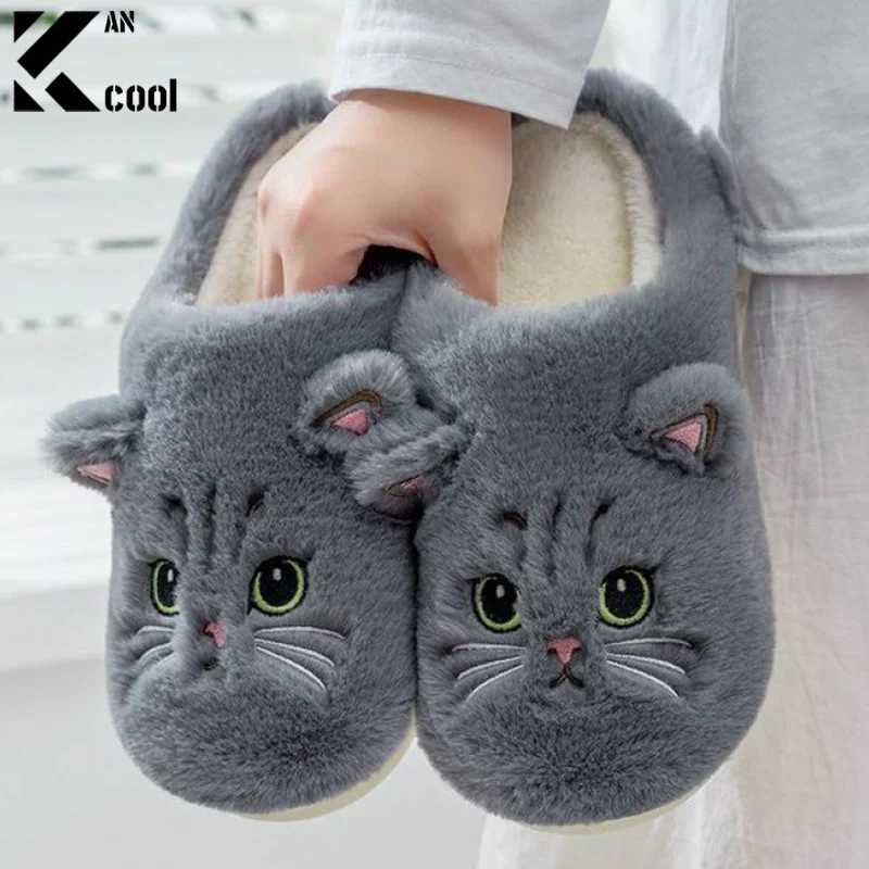 2024 New Cute Cat Slippers Fluffy Furry Women Home Slippers Men Winter Plush Slides Indoor Fuzzy Slippers Lovely Cotton Shoes T260922