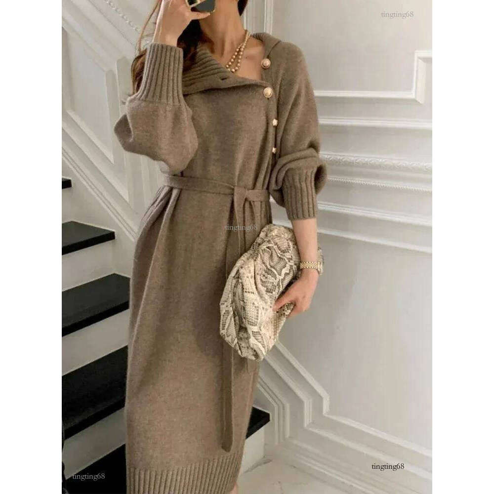 Basic Casual Dresses Vintage Turtleneck Buttons Woman Long Sleeve Sweater Winter Loose Knitwear Warm Women Knitted Dress 231024