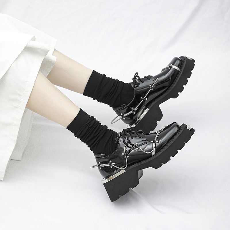Stylish Fashion Chunky Derby Shoes Women Thick Sole Black Square Toe Platform Leather Shoes Comfortable Gothic Punk Rock Biker Shoes