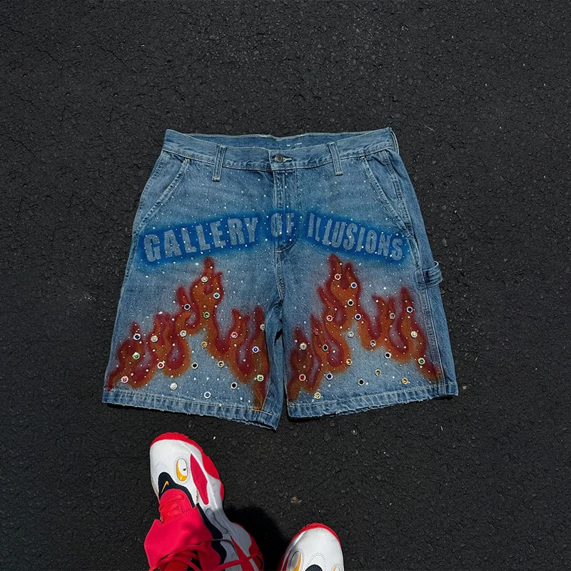 Y2K Fashion Distressed Hand Painted Vibrant Red Flame Pattern Gemstone Decoration Blue Denim Shorts Men Women Casual Streetwear 250704