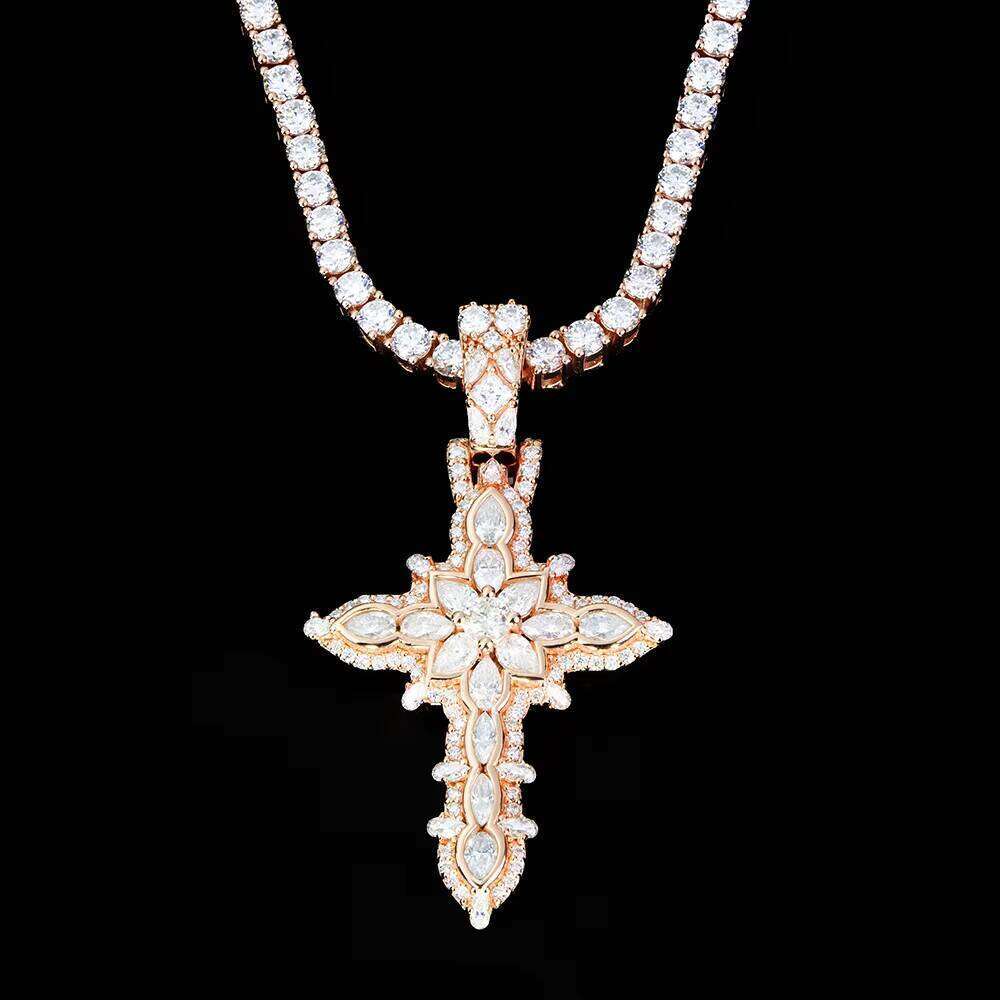 Custom Men's 14k/ Rose Gold Plated Sier Dia Mossanite Moissanite Iced Out Chain Necklace and Cross Pieces Pendant