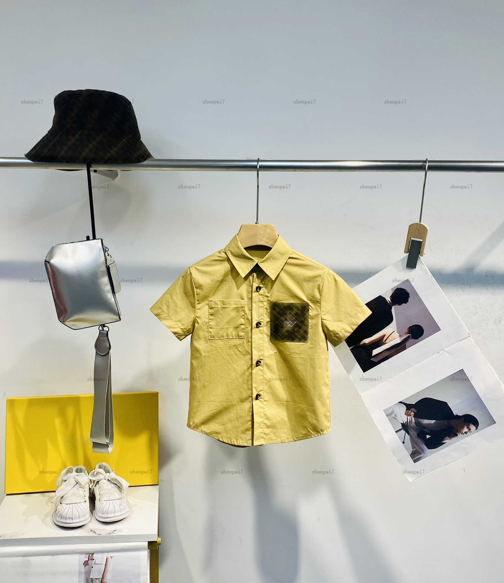 Top one Short sleeve baby shirt Monogram pocket lapel shirt kids designer clothes Khaki color child cardigan boys Blouses A235X07N058-image-1065380297