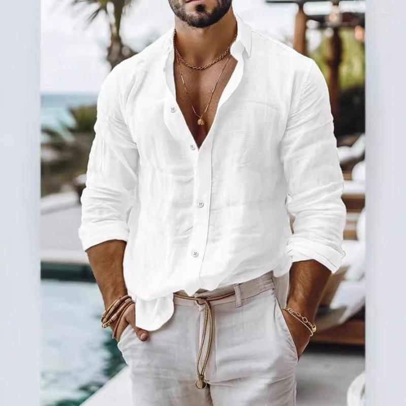 Mens Casual Shirts Solid Color Cotton Linen Blend Breathable Sweat Absorbing Easy To Maintain Long Sleeved Shirt Business Slim Fit