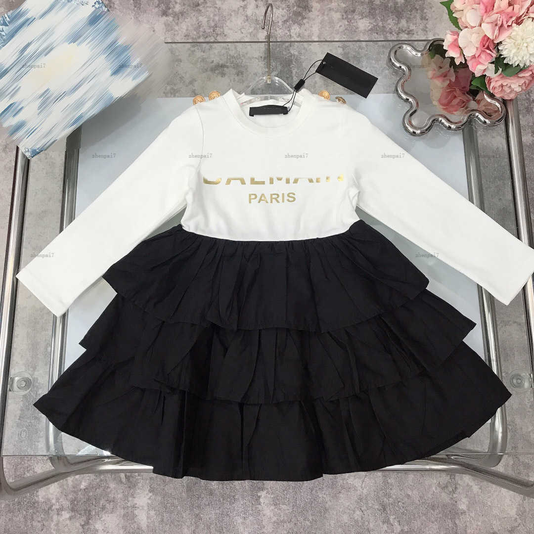 Top one girls designer clothes Gold letter printing girl dress Long sleeved Kids frock Child Multi layered cake skirt A214X06N000-image-1065381553