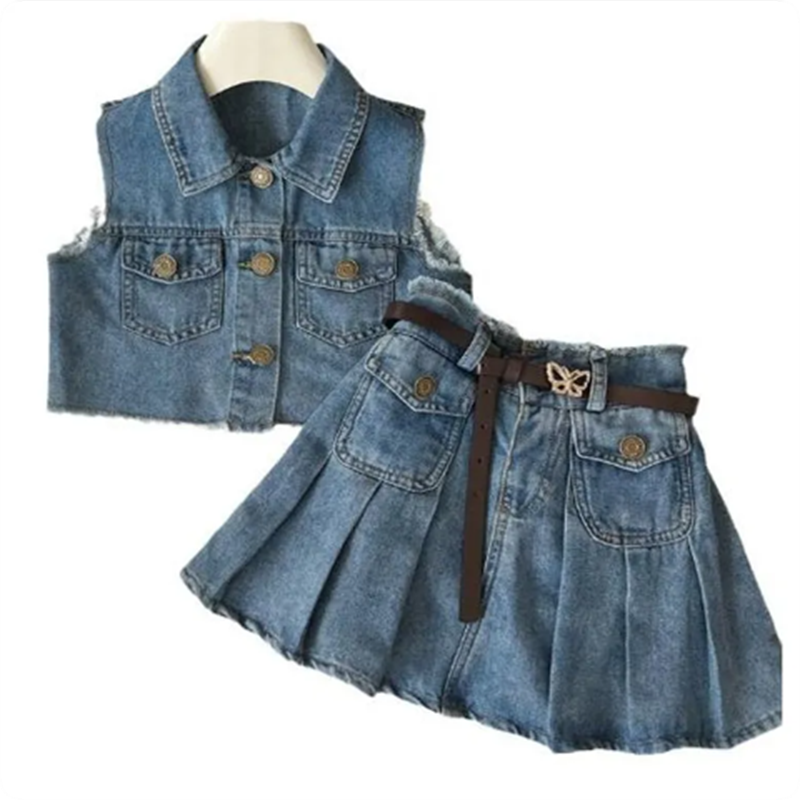 Cute Children Clothing Sets Sleeveless Vest Skirt Belt three piece Suit Baby Girls Denim Tops Dress Set Designers Kids Clothes Outfit-image-1065436169
