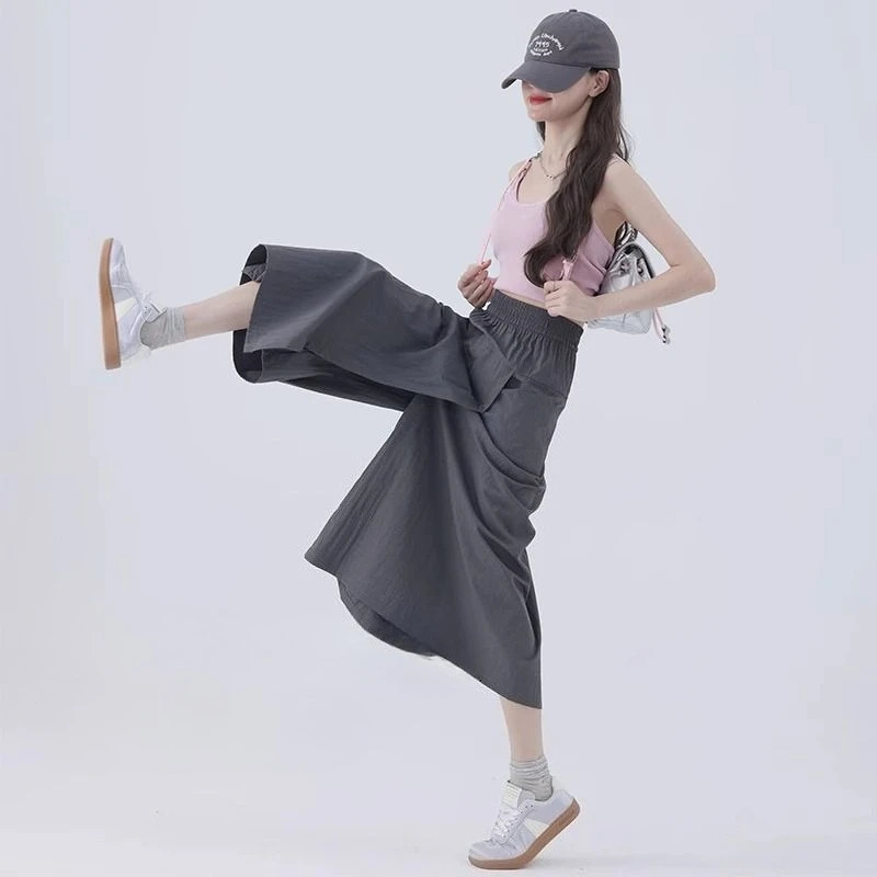 High Waist Wide Leg Pants Women Summer Gray Culottes Thin Loose Ice Silk ALine Skirt Casual Overalls SemiBody Work Skirts 250708