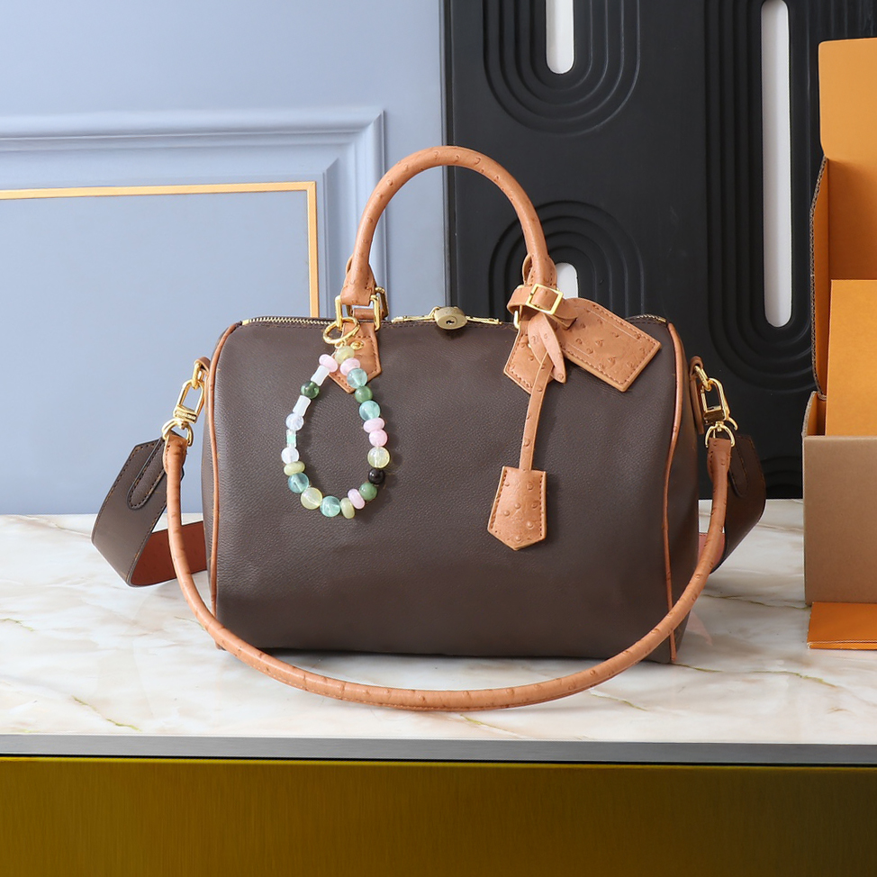 Luxy Brand Designer Travel Duffle bag spd Soft 30 Shoulder Bag with Wide Strap, Lock & Bead Charm Ostrich Leather Ganju002-image-1065577335