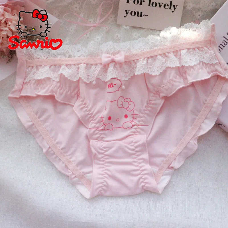 Sanrio Sweet New KT Ruffle Girls Cotton Underwear Kawaii Kuromi Mymelody Cinnamoroll Panties Y2k Women Soft Lace Briefs Underpant Giftsw250708-image-1065552324