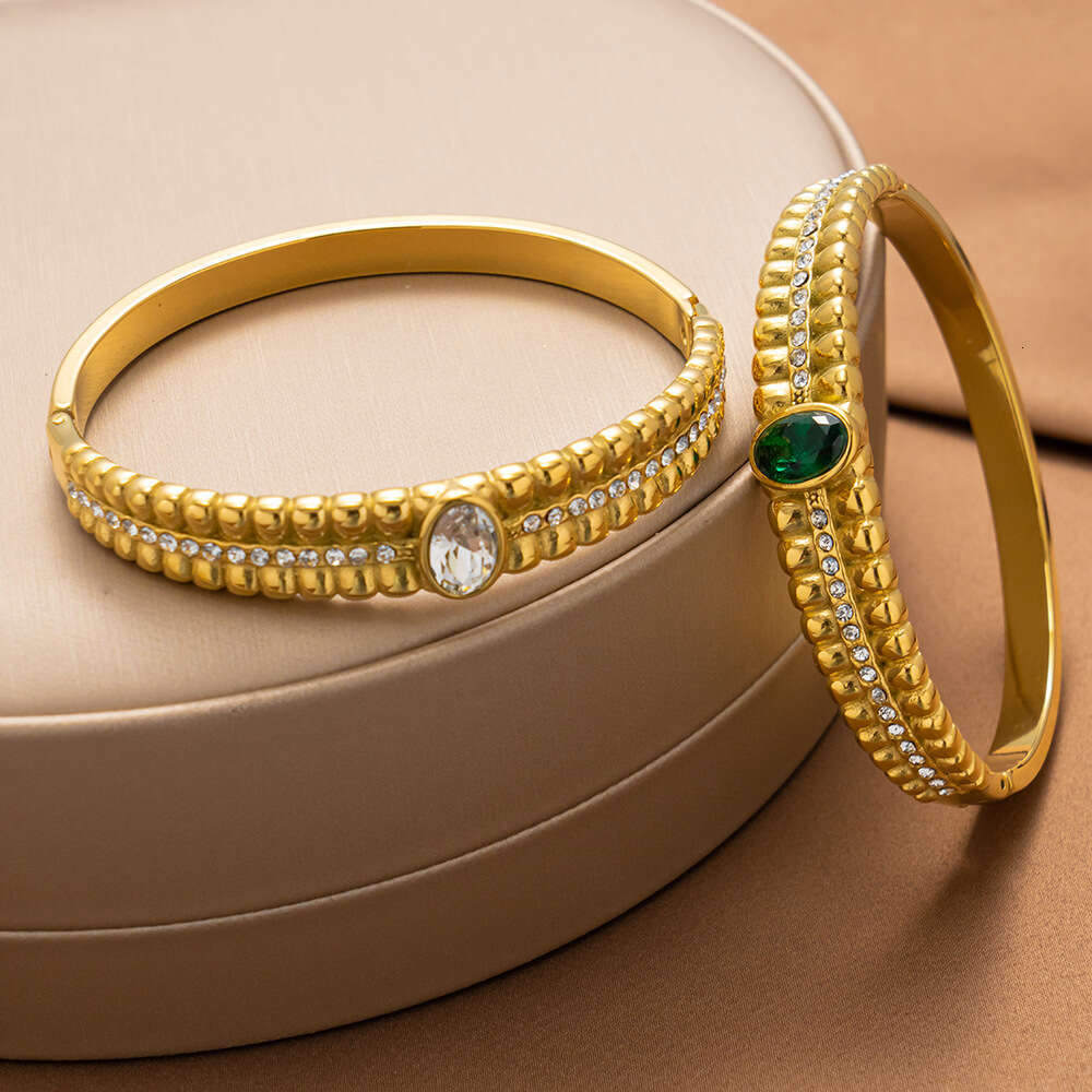 2025 Luxury jewelry designer necklace, vintage women's hollow out inlaid white green zircon stainless steel bracelet, summer gift, party, daily