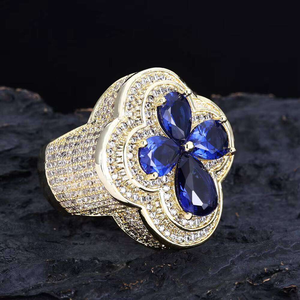 NUOAY Shiny Blue Gemstone Flower Shape Rings White Gold Plated Hip Hop Jewelry Iced Out Four Leaf Dia Ring for Women