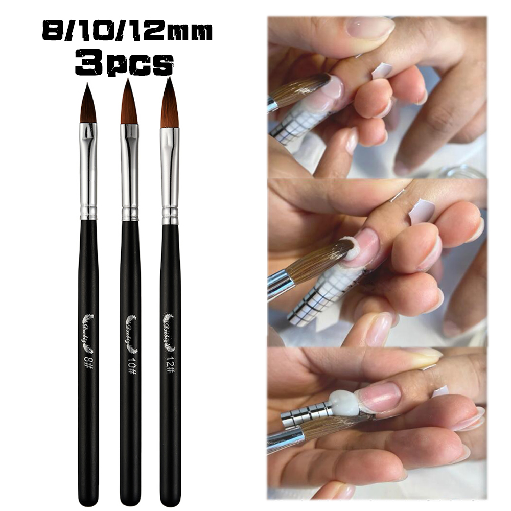 3Pc(8/10/12mm) Acrylic Black Nail Brush UV Gel Carving Dipping Powder Crystal Pen DIY Acrylic Nails Extension Styling Tool