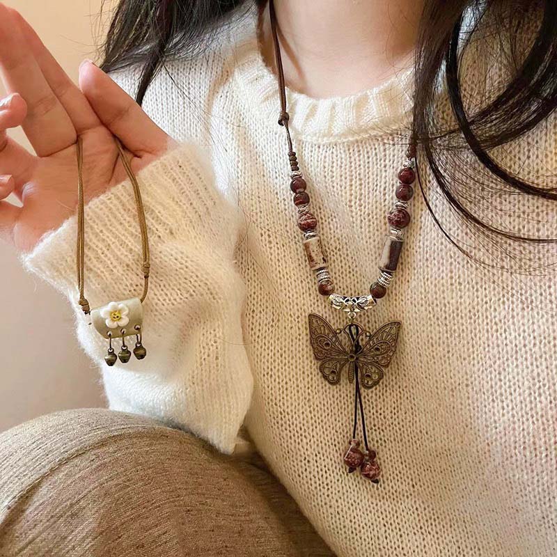 Vintage Ceramic Butterfly Pendant Necklace for Women 2025 New Chinese Ethnic Style Long Sweater Chain Necklace Jewelry Accessory