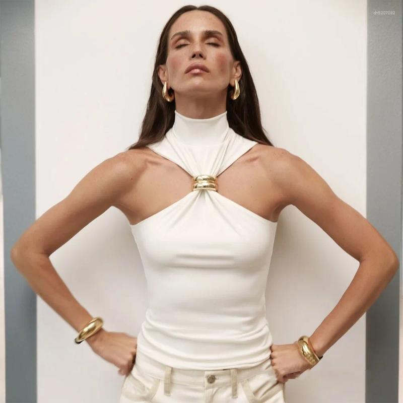 Womens Tanks Summer Sexy Metal Ring Off Shoulder Tank Tops Women Fashion Turtleneck Sleeveless Slim Cropped Elastic T-shirts Tee 2025