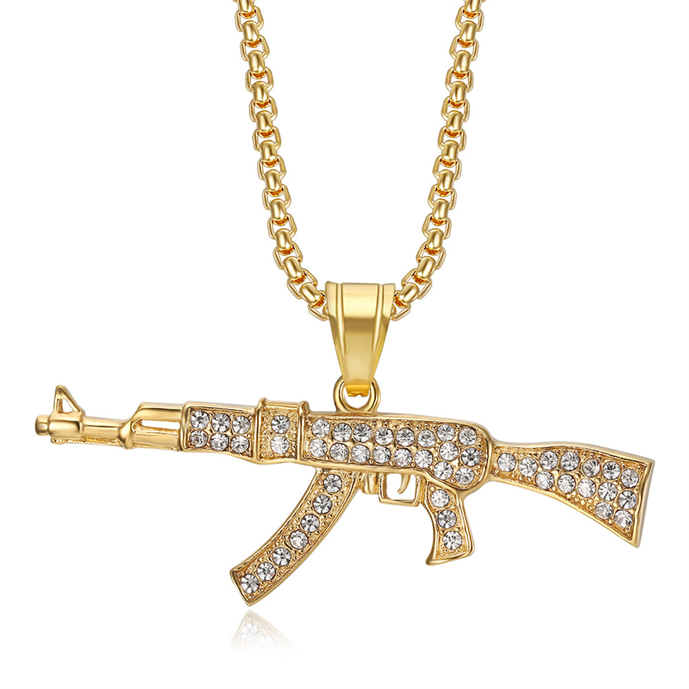 Hip Hop Iced Out Bling AK47 Gun Pendant Gold Color Stainless Steel Soldier Military Necklace for Women Men Fashion Jewelry Gift