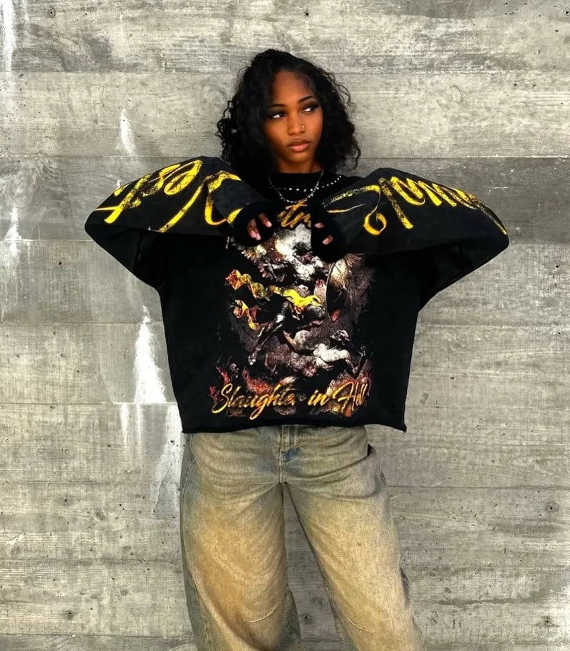Y2k Summer American Hip-hop Trendy Letters Printed Long-sleeved Tops Women Casual High Street Oversized T-shirt Men 250708