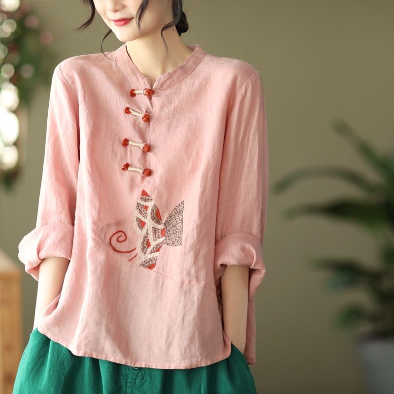 2025 New Ethnic Cotton Linen Shirt Pregnant Women Spring/Summer New Embroidered Loose Top Tea Suit Green Maternity Top LF077
