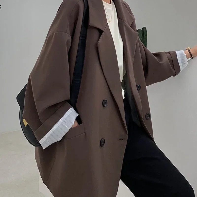 Vintage Loose Women Solid Blazer Autumn Chic Double Breasted Female Long Sleeve Suit Jackets Stylish Ladies Blazer 250709