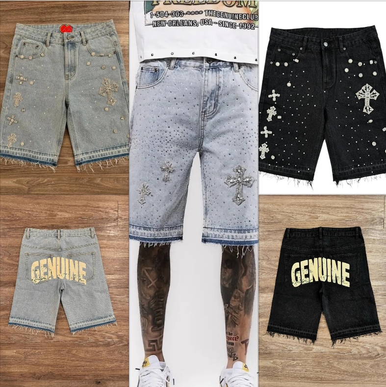 Men's Shorts Gothic Diamond Embroidery Denim American Mid Length Rhinestone Streetwear Hip Hop Men Women Jorts