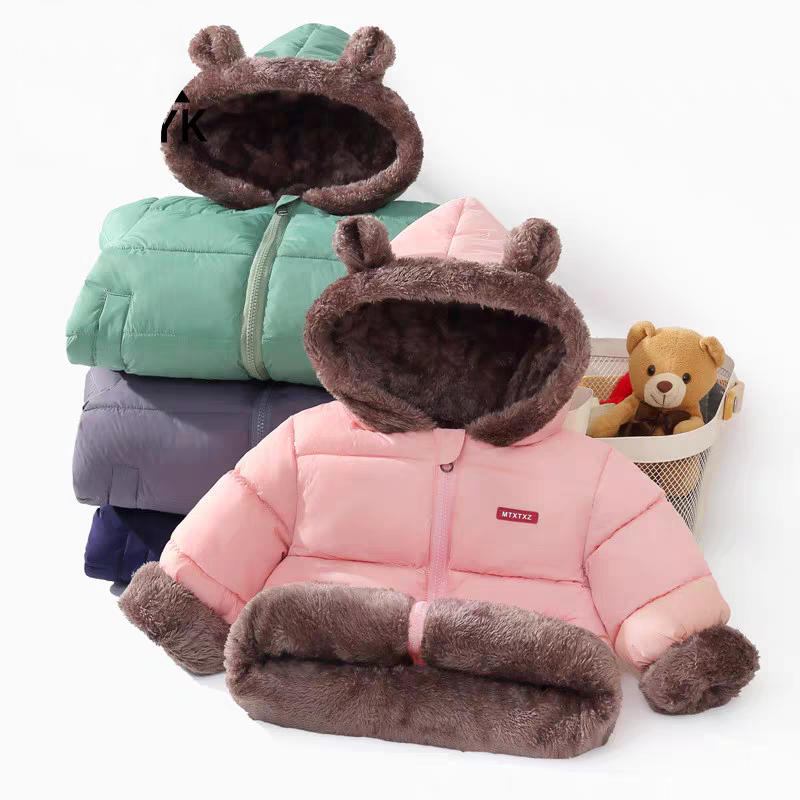 Kids Lambwool Down Coats Boys Girls Winter Thicken Warm Jackets Children Hooded Cute Ears Outerwear Toddler Fleece Clothes 2-6Y