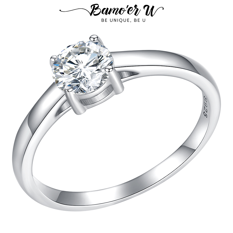 Bamoer U D Color VVS1 EX 0.6CT Moissanite Ring Round Cut Four-Claw-Set Ring Lab Diamond for Women Engagement 925 Sterling Silver