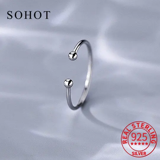 INS Real 925 Sterling Silver Bead Adjustable Ring For Fashion Women Classic Fine Jewelry Minimalist Geometric Bijoux