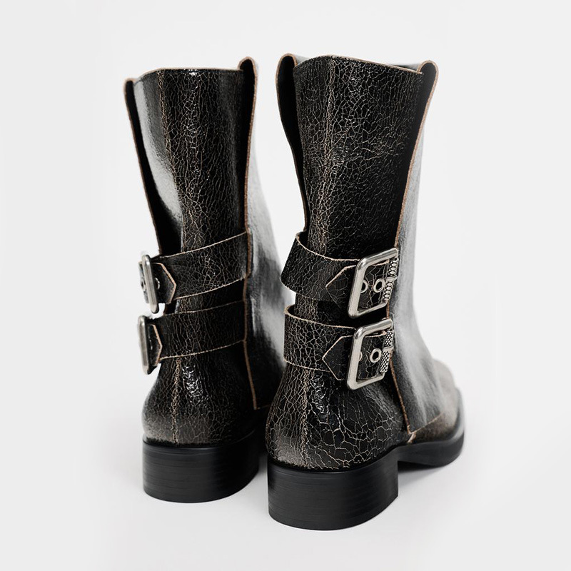 Fashion Stylish Luxury Women Buckle Strap Shoes Leather Knee High Boots Women Round Toe Boot Hip hop Rock Punk Style Designer Vintage Slip On Boot S