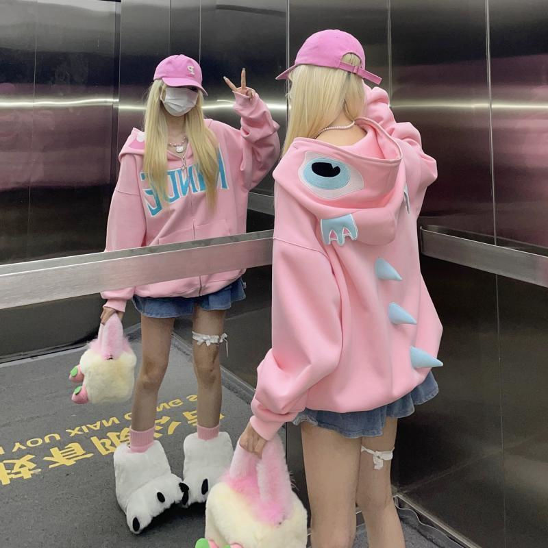 Dinosaur Sweatshirt Oversized Autumn Winter Jacket Gothic Hoodie Cartoon Aesthetic Women Coat Letter Print Sweet Cardigan Pink