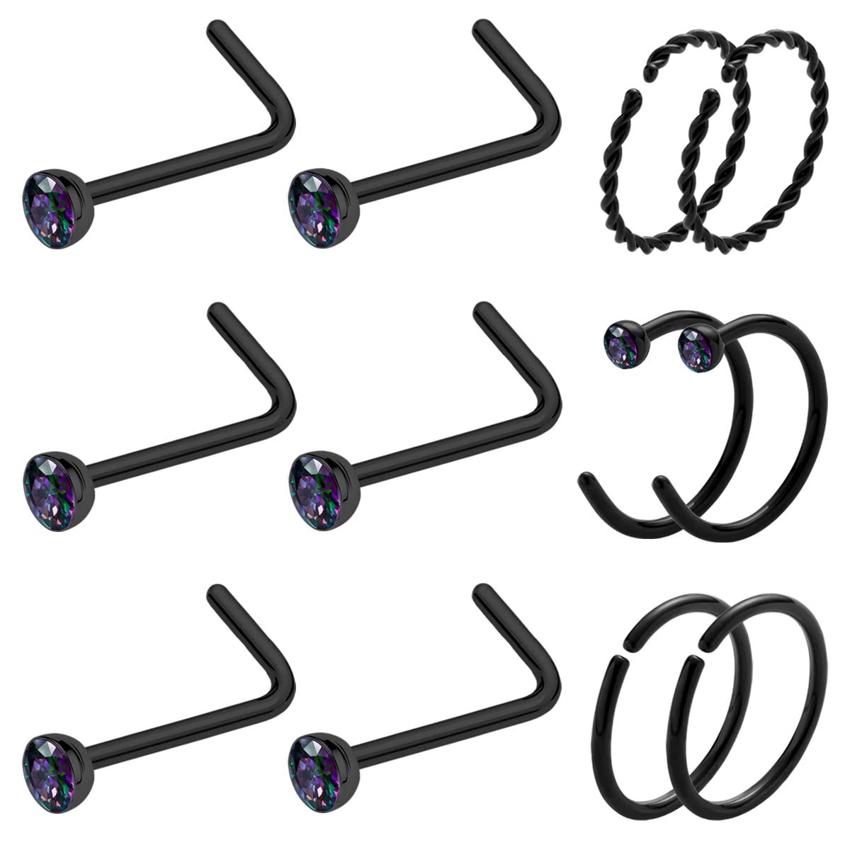 20 Gauge Nose Ring Hoop Stainless Steel for Women Men Round CZ L Shaped Screw Lip Rings Set Nose Piercing Jewelry Black 12Pcs