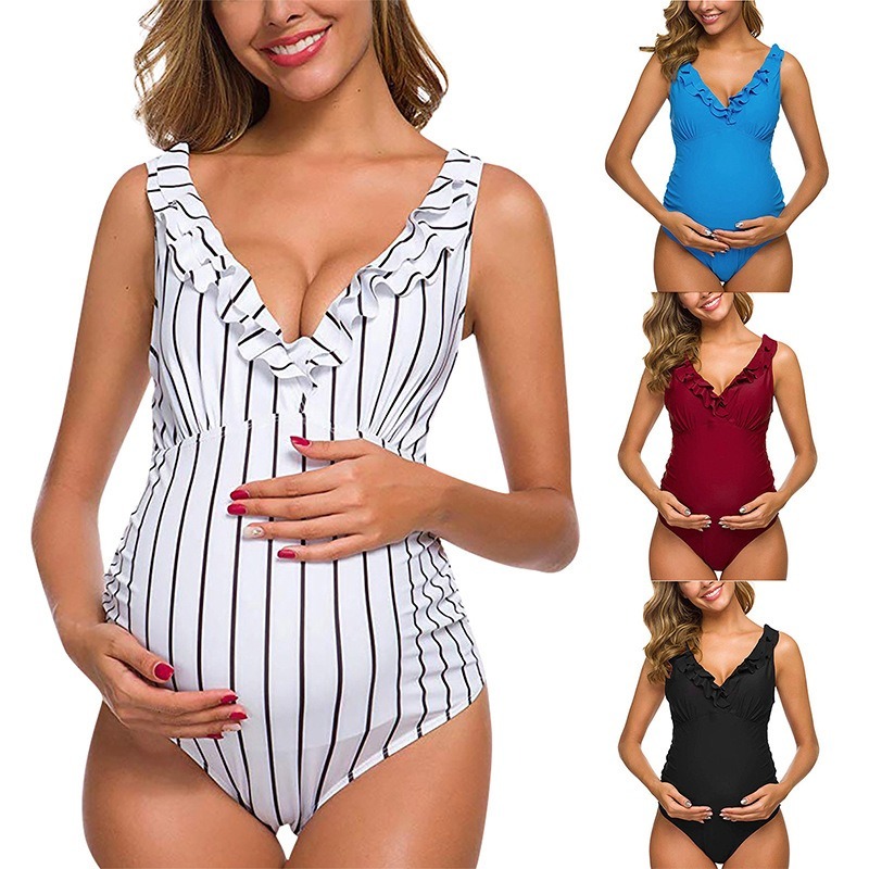 Maternity Swimsuit Solid Color Summer Pregnant Women Ruffle One Piece Swimwear Bodysuit Beach Sexy Bathing Suit Pregnancy Bikini