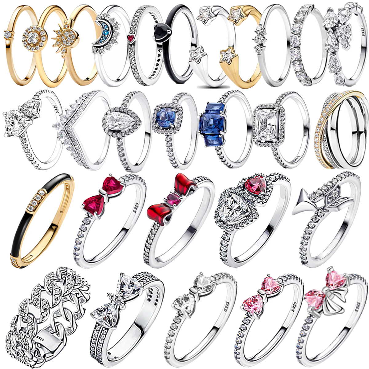 Original 925 Sterling Silver Red Pink Ring Heart Bow Sun Moon Colorful Crystal For Women Valentine's Birthday Gift DIY Jewelry