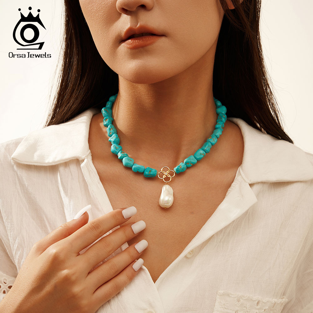 ORSA JEWELS 925 Sterling Silver Turquoise Pendant Necklace with Pearl for Women Luxury Turquoise Beaded Necklace Jewelry GMN48