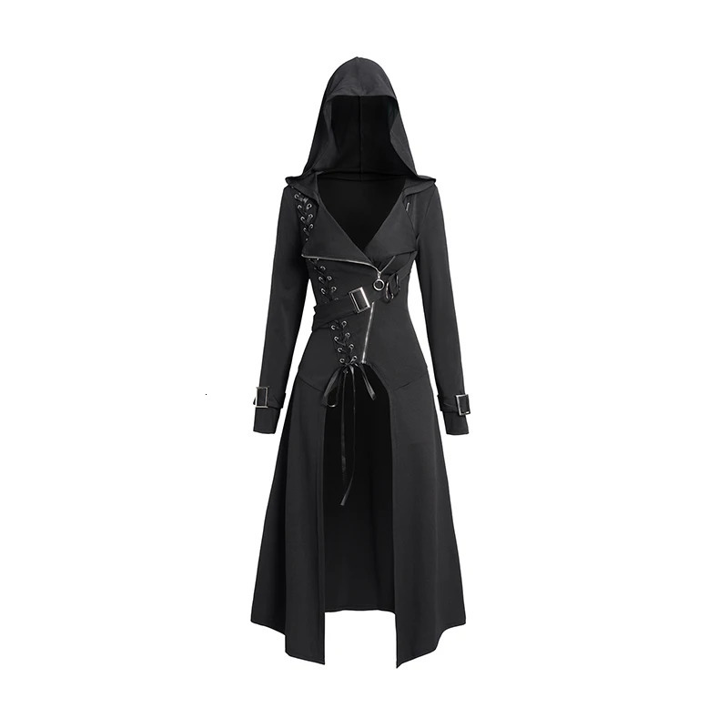 Womens Trench Coat Punk Gothic Hooded Coat Plain Color Lace Up Zip Coat Long Sleeve Fall Winter Longline Outwear 250708