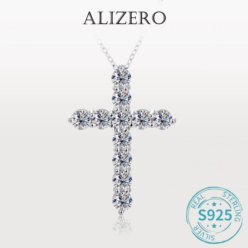 ALIZERO 2.5-5.0mm Full Moissanite Cross Pendant Necklace For Women Fine Jewelry with GRA Original 925 Sterling Sliver Necklace