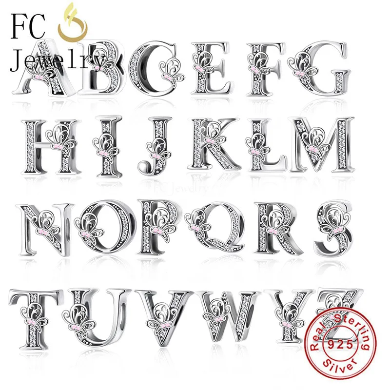FC Jewelry Fits Original Pan Charms Bracelets 925 Sterling Silver Pink Butterfly Initial A-Z Alphabet Letter Beads Berloque DIY